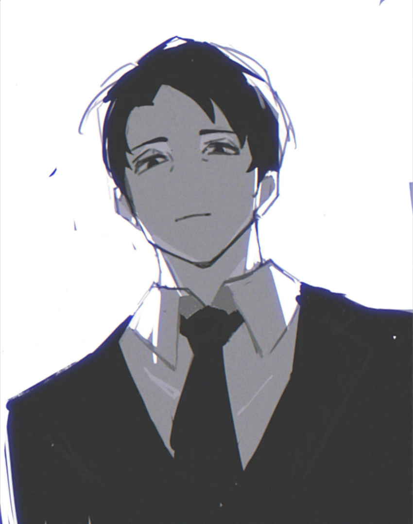 1boy, aritinasy, backlighting, closed_mouth, collared_shirt, highres, library_of_ruina, looking_down, male_focus, necktie, project_moon, roland_(project_moon), shirt, simple_background, solo, upper_body