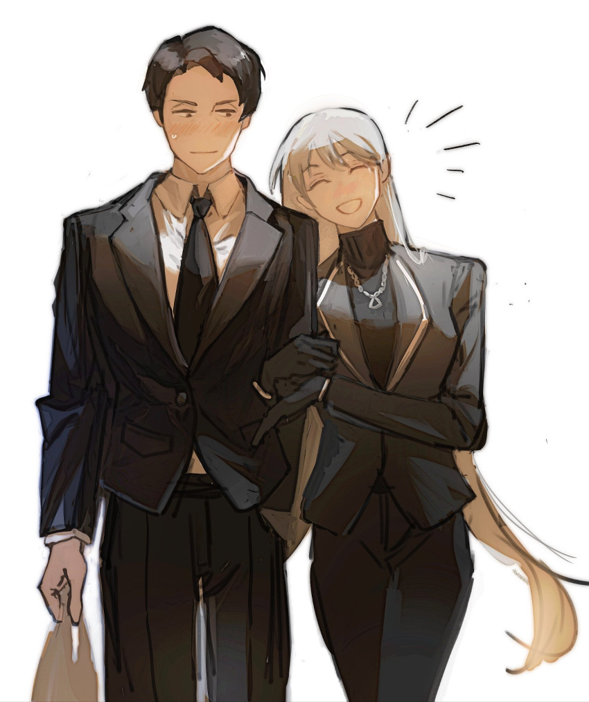 1boy, 1girl, angelica_(project_moon), aritinasy, black_eyes, black_gloves, black_hair, black_jacket