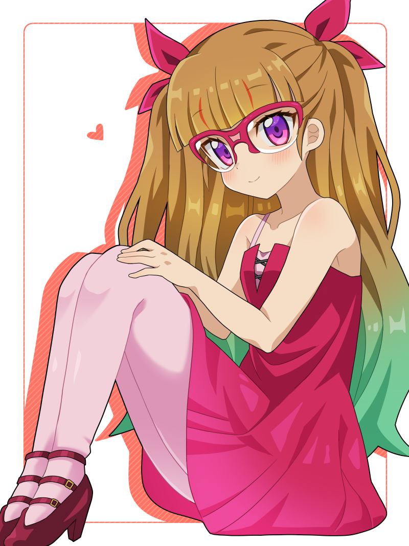 1girl, alternate_costume, blush, bow, brown_hair, closed_mouth, dress, gradient_hair
