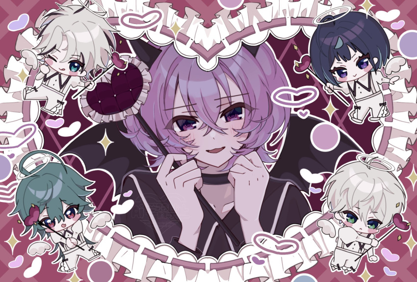 5boys, ahoge, angel_wings, black_choker, black_shirt, blue_eyes, blue_hair, chibi