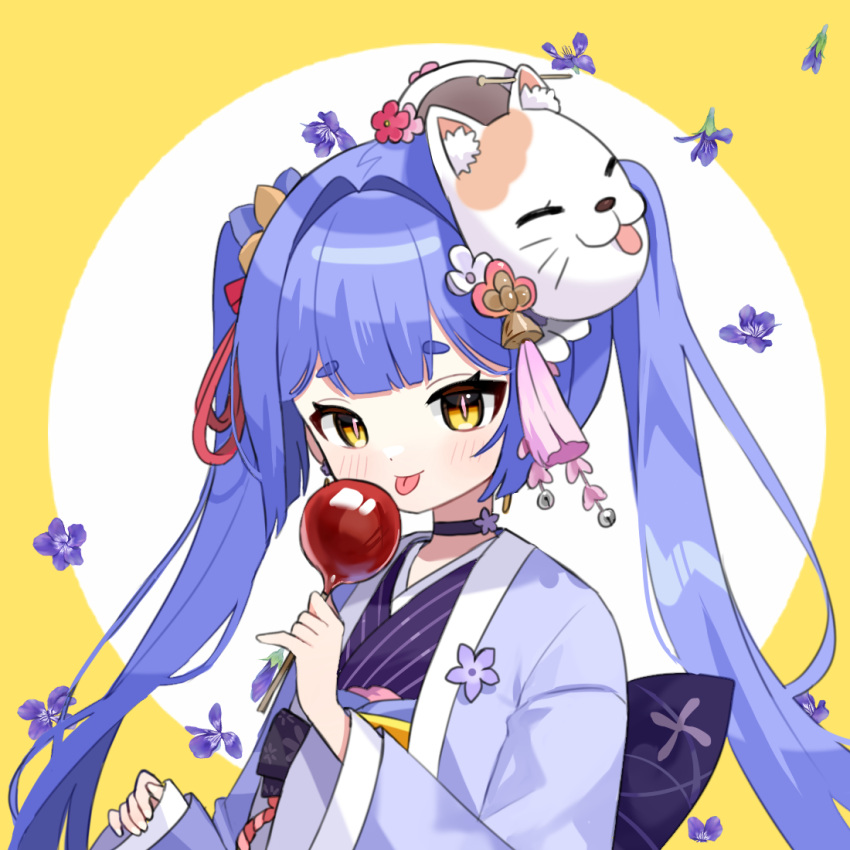 1girl, azusa_(vtuber), azusa_official, blue_hair, candy_apple, food, fox_mask, hair_intakes