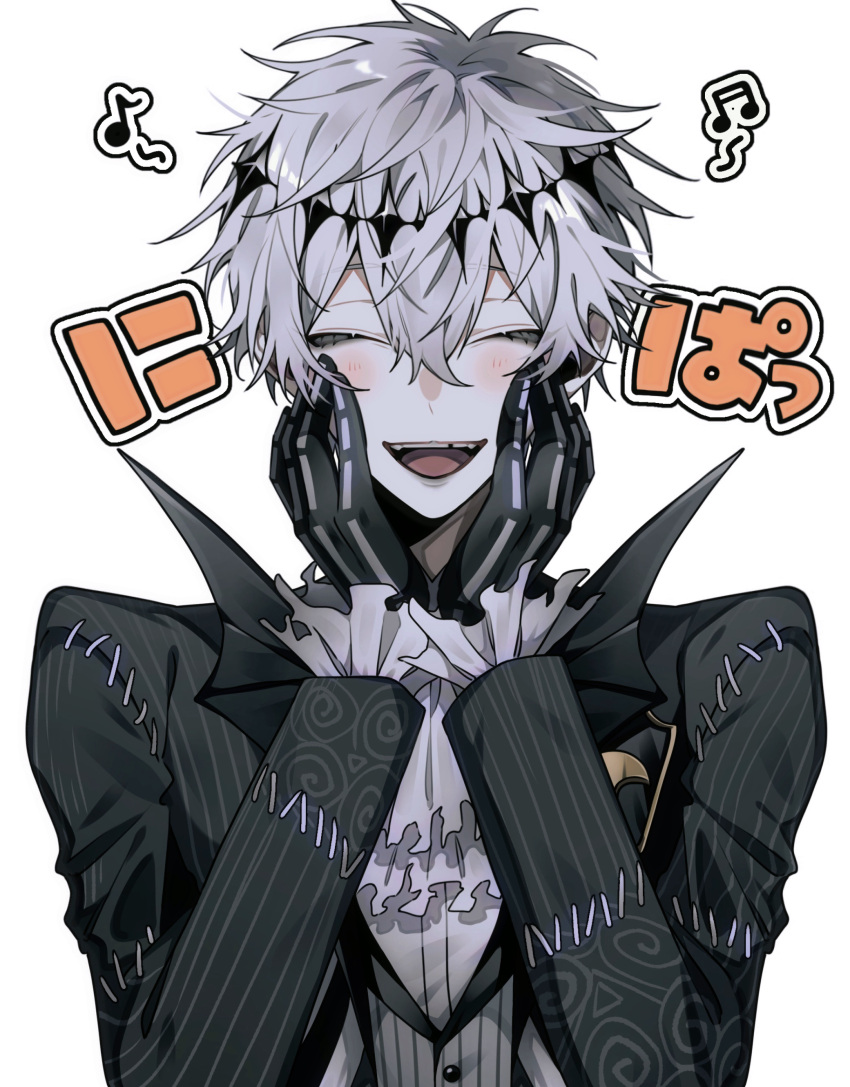 1boy, absurdres, black_jacket, blush, closed_eyes, diamond_hairband, facing_viewer, gloves