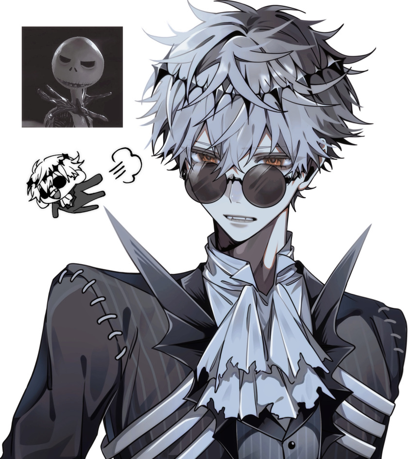 1boy, absurdres, black_jacket, chibi, diamond_hairband, grey_hair, grey_vest, hair_between_eyes
