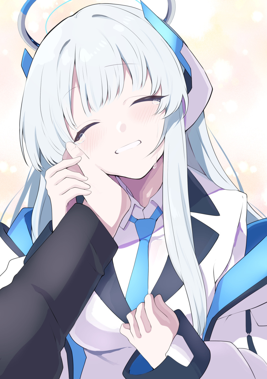 1boy, 1girl, absurdres, black_jacket, blue_archive, blue_necktie, blush, closed_eyes