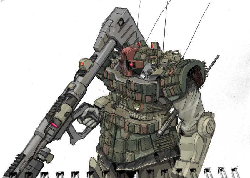 aron_e, bazooka_(gundam), cope_cage, dom_(mobile_suit), gundam, highres, holding, holding_weapon