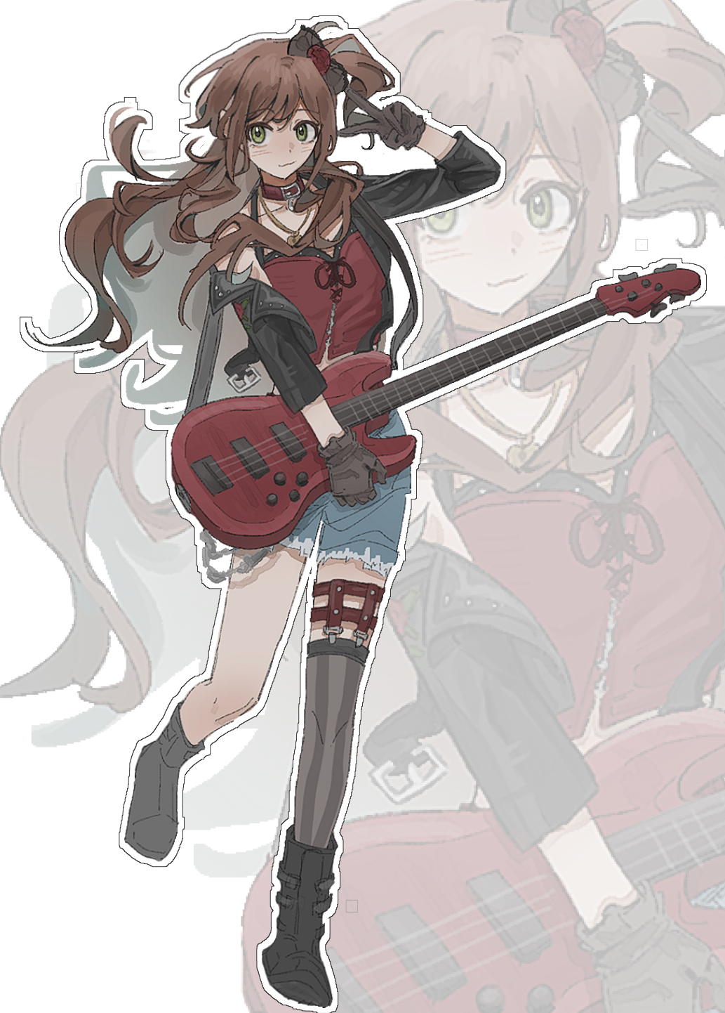 1girl, :3, bang_dream!, bass_guitar, black_bow, black_footwear, black_gloves, black_jacket