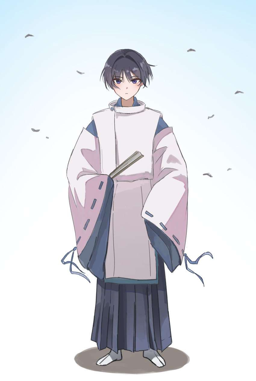 1boy, absurdres, black_eyes, black_hair, black_pants, blue_kimono, blue_sleeves, blunt_ends