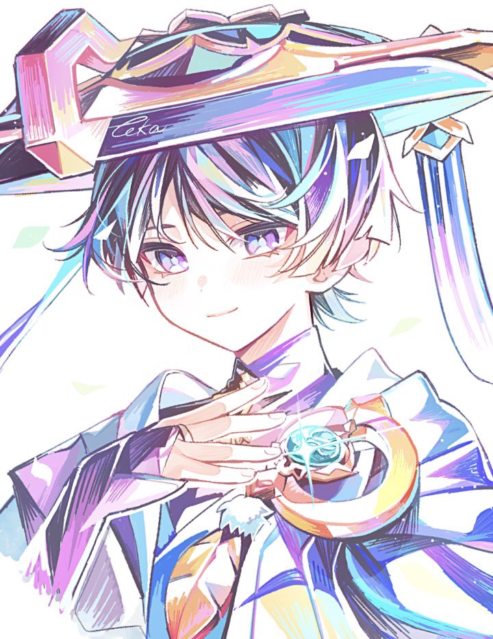 1boy, anemo_symbol_(genshin_impact), armor, artist_name, black_bridal_gauntlets, blue_gemstone, blue_hair, blue_hat