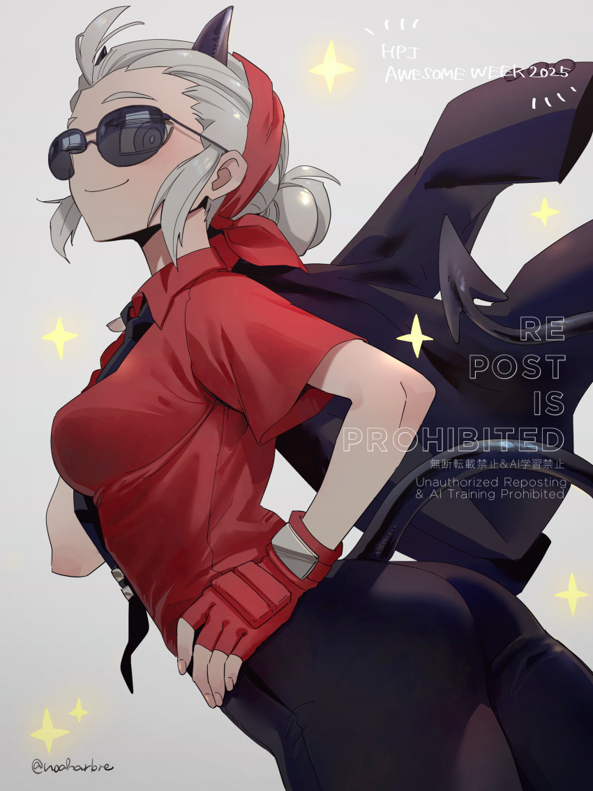 1girl, absurdres, ass, black_jacket, black_necktie, black_pants, breasts, demon_girl