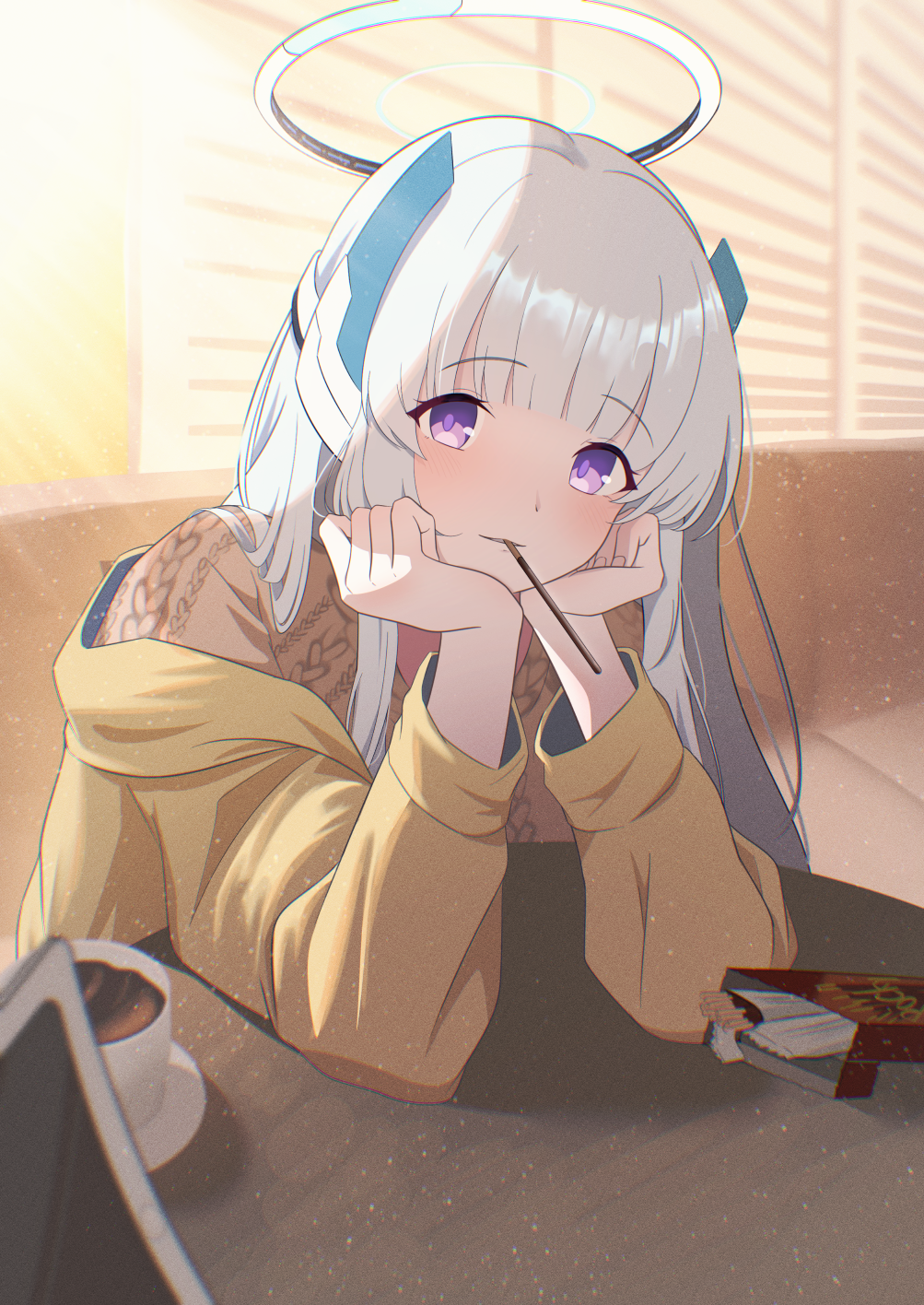 1girl, alternate_costume, blue_archive, blush, brown_jacket, brown_sweater, closed_mouth, coffee