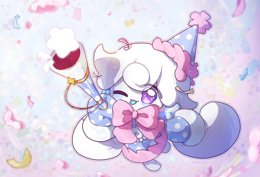 1girl, :3, blue_dress, blue_tongue, chibi, colored_skin, colored_tongue, confetti, cookie_run, cookie_run:_kingdom, dress, hat, highres, long_hair, low_twintails, milkalong, milky_way_cookie, one_eye_closed, party_hat, sleeves_past_fingers, sleeves_past_wrists, solo, tongue, tongue_out, twintails, very_long_hair, violet_eyes, white_hair, white_skin