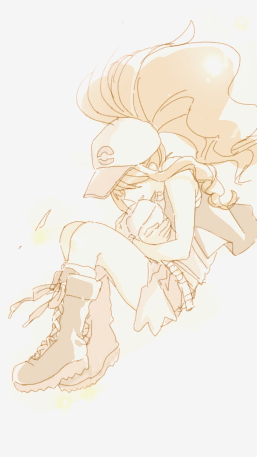 baseball_cap, boots, bow, bowtie, cradle, hat, high_ponytail, highres