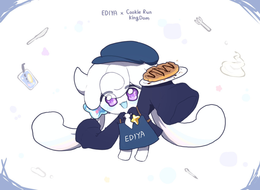 1girl, :3, apron, blue_apron, blue_shirt, blue_tongue, colored_skin, colored_tongue, cookie_run, cookie_run:_kingdom, full_body, highres, long_hair, looking_at_viewer, low_twintails, milkalong, milky_way_cookie, open_mouth, shirt, sleeves_past_fingers, sleeves_past_wrists, smile, solo, twintails, very_long_hair, violet_eyes, white_background, white_hair, white_skin