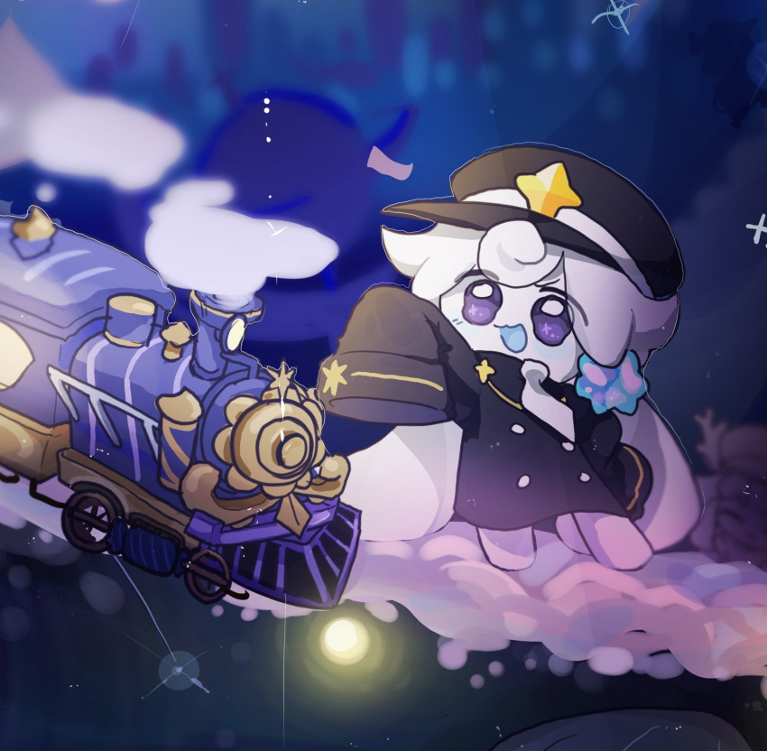1girl, :3, black_hat, black_jacket, chibi, clouds, colored_skin, cookie_run
