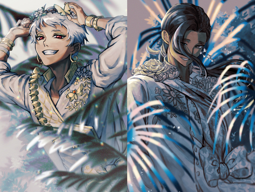 2boys, absurdres, black_hair, brown_eyes, bug, butterfly, dark-skinned_male, dark_skin