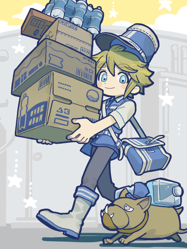 1boy, black_pants, blonde_hair, blue_eyes, blue_vest, boots, bottle, box