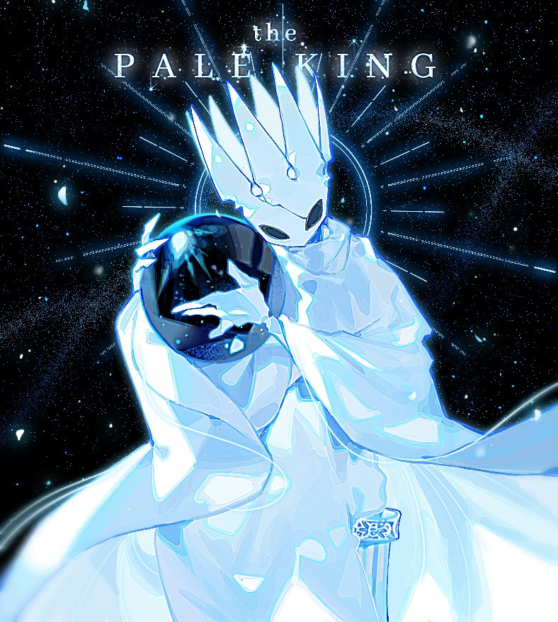 1boy, character_name, colored_skin, crown, empty_eyes, facing_viewer, hands_up, hollow_knight