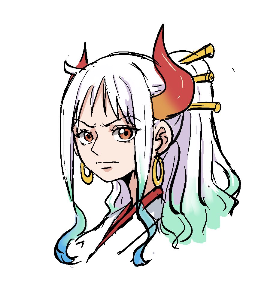 1girl, aqua_hair, bad_id, bad_twitter_id, blue_hair, closed_mouth, earrings, hair_ornament, hoop_earrings, horns, japanese_clothes, jewelry, kimono, one_piece, orange_eyes, orange_horns, ponytail, portrait, red_horns, ri_fanart, sidelocks, simple_background, solo, v-shaped_eyebrows, white_background, white_hair, white_kimono, yamato_(one_piece)