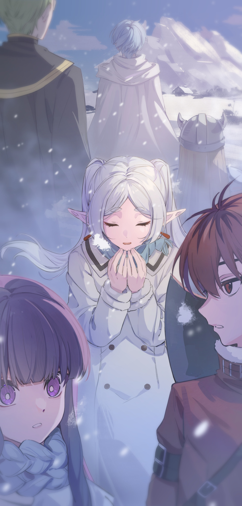 2girls, 4boys, absurdres, axe, back, blue_hair, blue_scarf, brown_hair