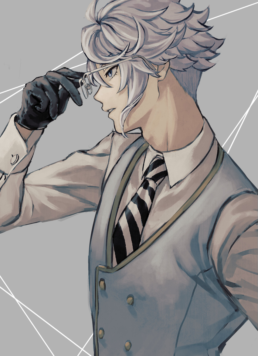 1boy, absurdres, azul_ashengrotto, black_gloves, glasses, gloves, grey_background, grey_eyes, grey_hair, grey_theme, grey_vest, highres, looking_to_the_side, male_focus, short_hair, solo, susamiyasan, twisted_wonderland, upper_body, vest