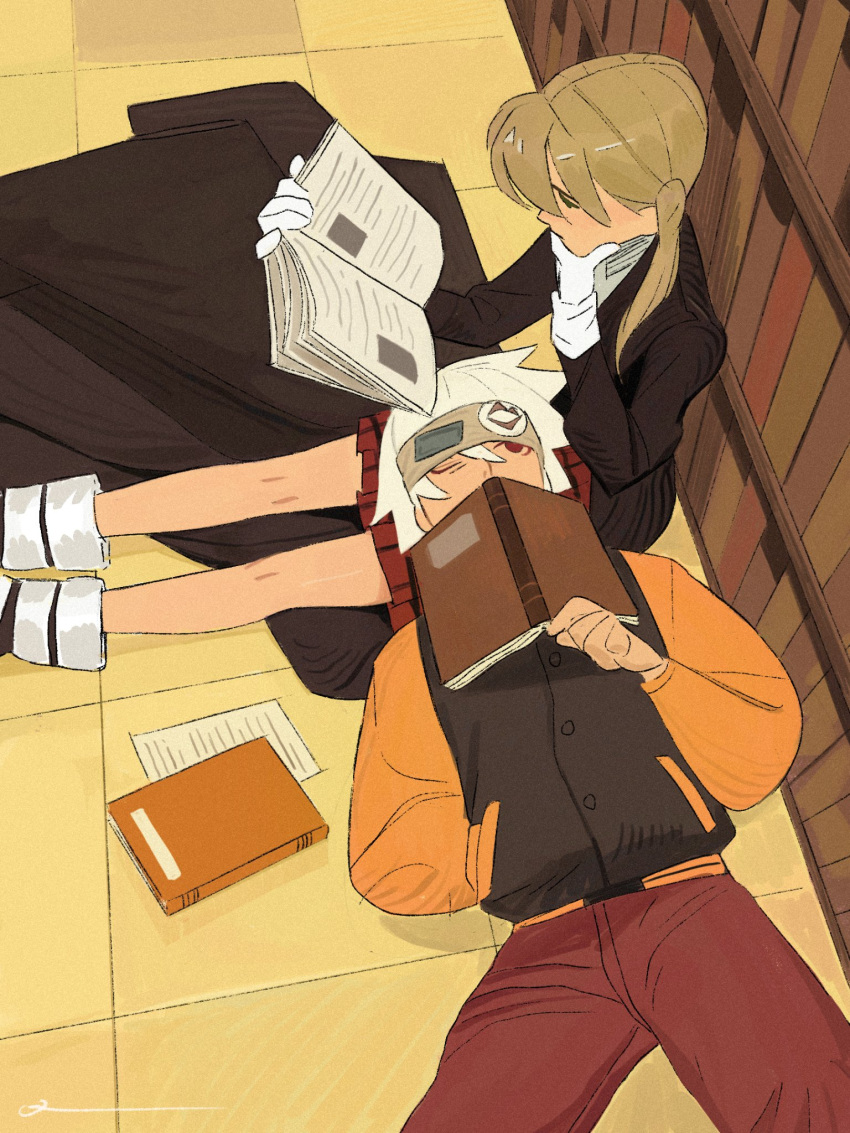 1boy, 1girl, black_coat, blonde_hair, blunt_bangs, book, boots, coat