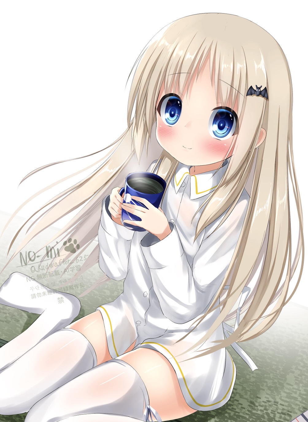 1girl, alternate_costume, bat_hair_ornament, blue_eyes, blush, brown_hair, closed_mouth, coffee