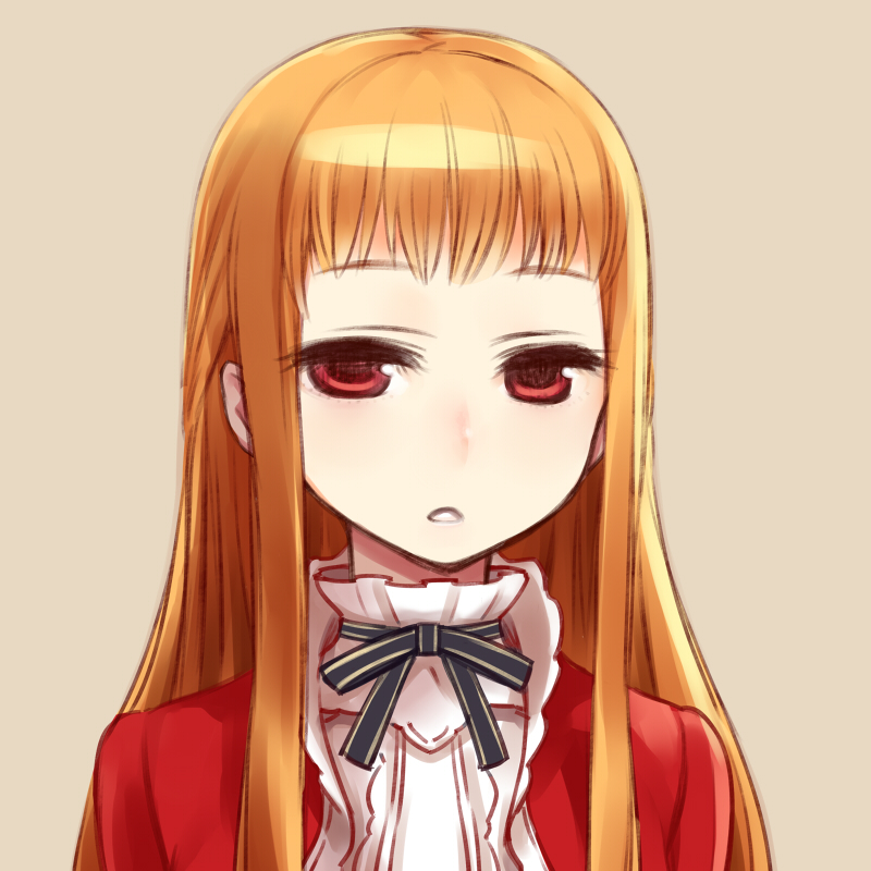 bow, bust, chan_co, face, flat_gaze, long_hair, orange_hair, original, portrait, rea-sama, red_eyes, simple_background, solo