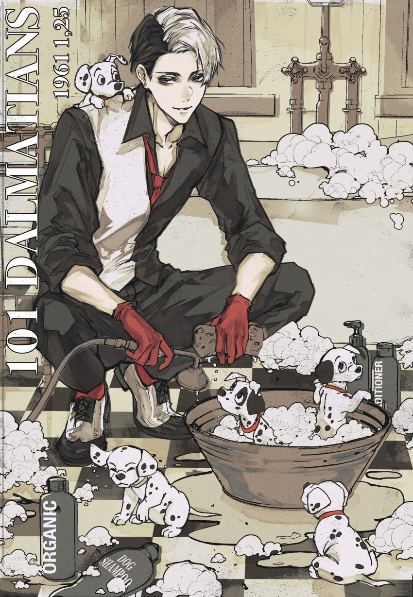 101_dalmatians, 1boy, absurdres, animal, animal_on_shoulder, basin, bathtub, black_hair