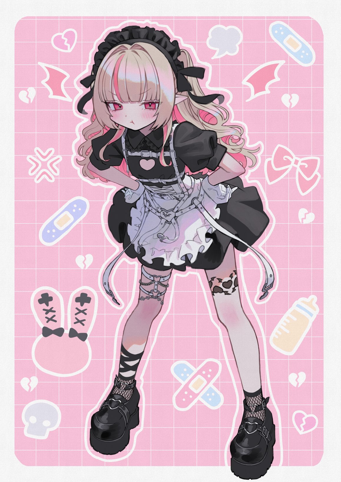 1girl, apron, baby_bottle, bandaid, black_dress, black_headdress, bottle, chest_harness