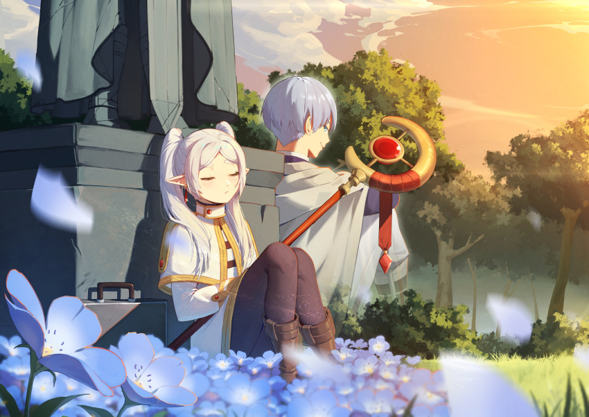 1boy, 1girl, absurdres, black_pantyhose, blue_eyes, blue_flower, blue_hair, boots