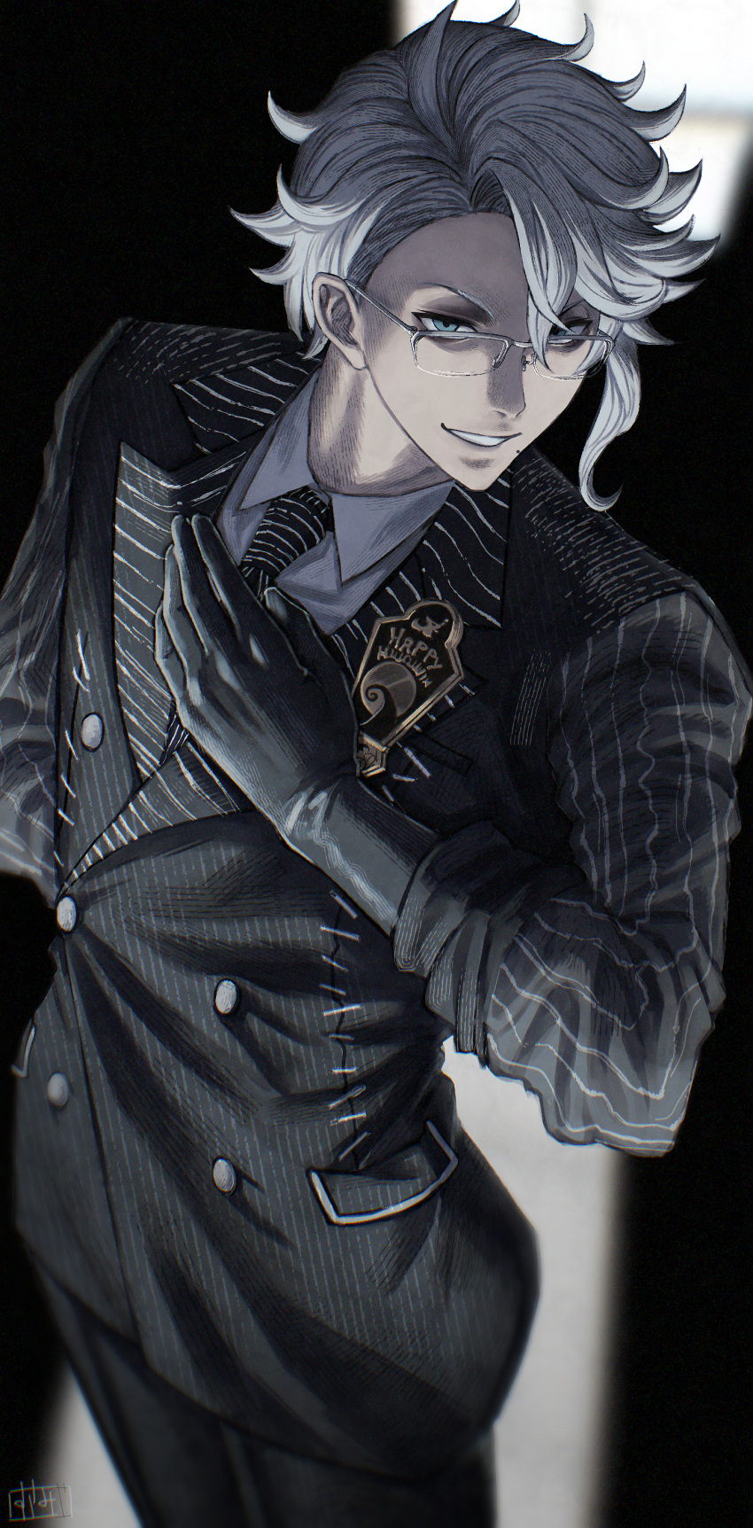 1boy, absurdres, arm_behind_back, azul_ashengrotto, black_gloves, black_shirt, black_vest, blue_eyes