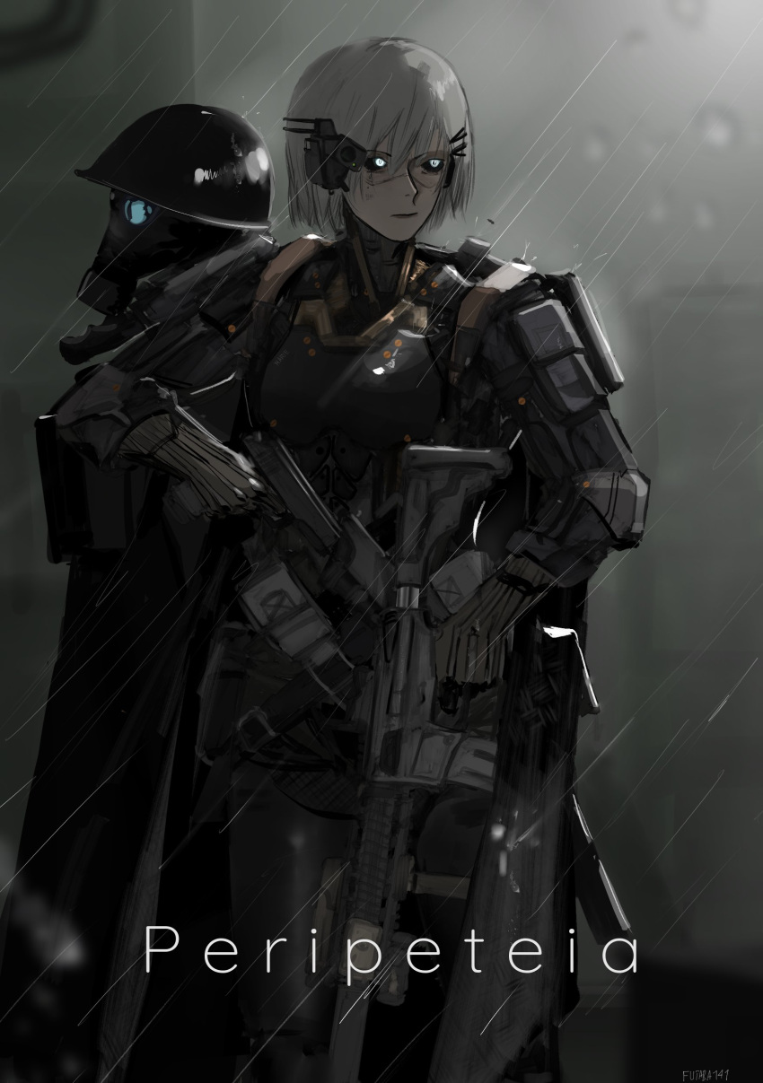 1boy, 1girl, absurdres, android, artist_name, assault_rifle, barcode, barcode_tattoo, black_sclera, blue_eyes, blurry, blurry_background, body_armor, colored_sclera, combat_helmet, depth_of_field, dual_wielding, earpiece, english_commentary, futaba_141, gas_mask, glasses, glowing, glowing_eye, greek_text, grey_hair, gun, hair_ornament, hairclip, handgun, helmet, highres, holding, holding_gun, holding_weapon, looking_to_the_side, marie_(peripeteia), mask, outdoors, peripeteia, rain, rifle, rimless_eyewear, short_hair, soldier, standing, tattoo, urban, weapon