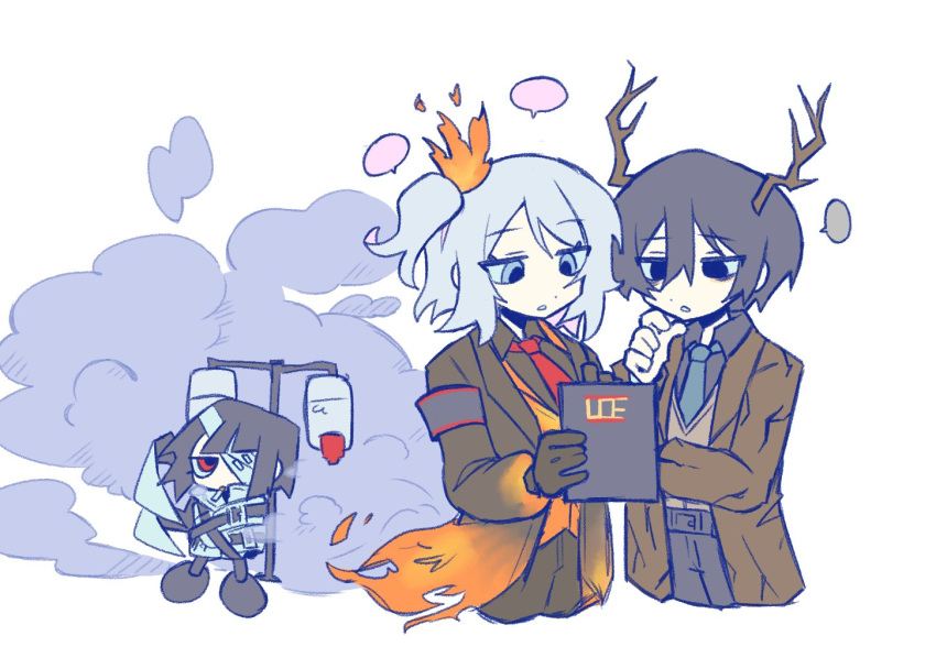 1boy, 2girls, black_eyes, black_gloves, black_hair, black_pants, black_shirt, brown_coat