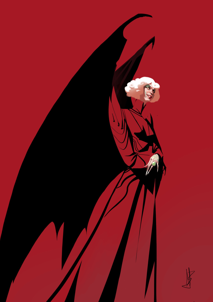 1girl, absurdres, alessiobertolinicreatures, demon_girl, demon_wings, dress, fingernails, highres, lucifer_morningstar_(dc), medium_hair, red_dress, sharp_fingernails, solo, the_sandman_(dc), white_hair, wings