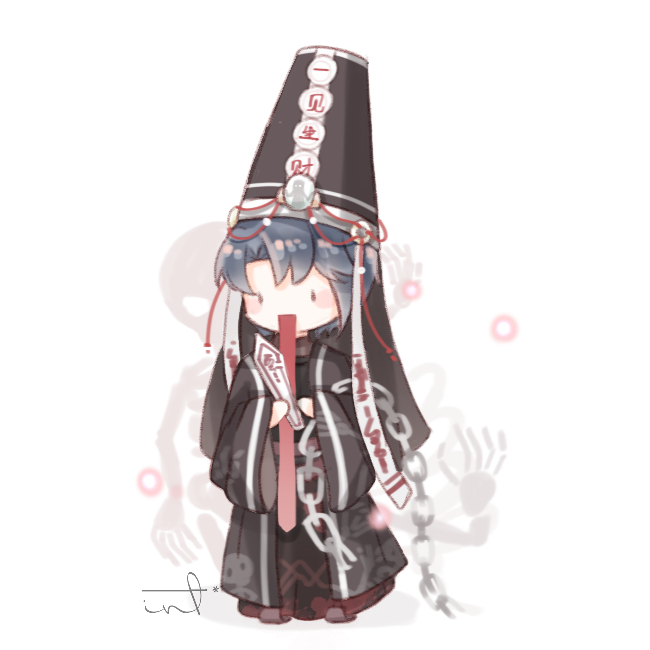 1boy, aeon_(shining_nikki), asymmetrical_bangs, black_eyes, black_hanfu, black_hat, black_robe, blue_hair