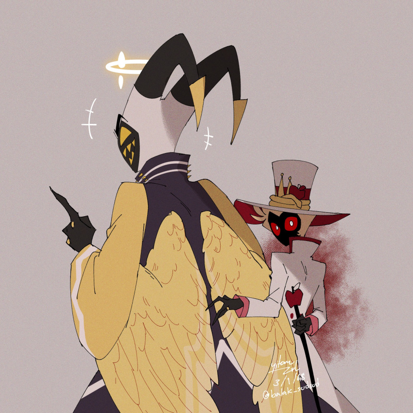 2boys, adam_(hazbin_hotel), angel, angel_wings, demon_boy, feathered_wings, halo, hat