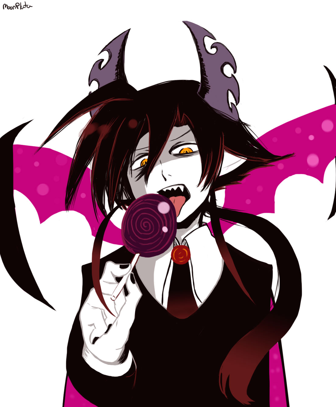 1boy, black_hair, candy, demon_boy, demon_horns, demon_wings, food, funamusea