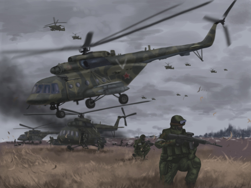 2boys, absurdres, aircraft, assault_rifle, battle_of_antonov_airport, goggles, goggles_on_head, grass