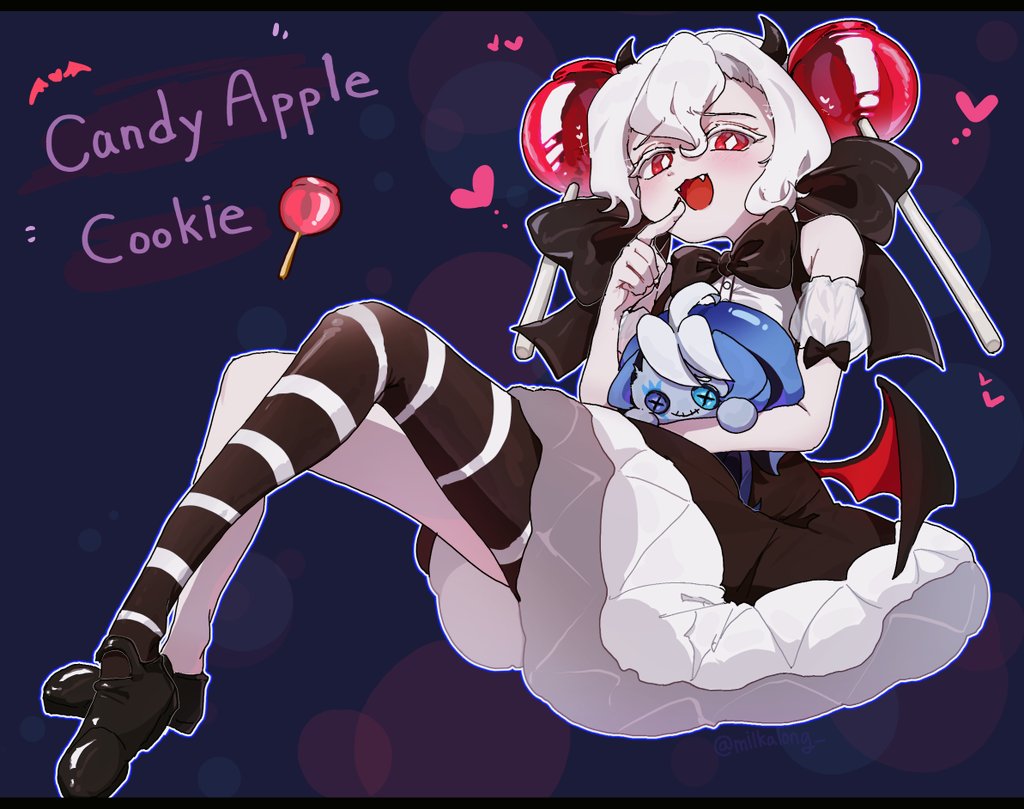 1girl, black_bow, black_bowtie, black_wings, bow, bowtie, candy_apple, candy_apple_cookie