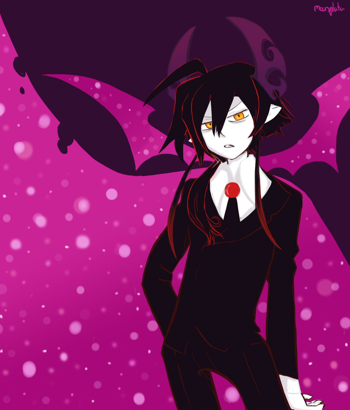 1boy, black_hair, black_suit, cape, demon_boy, demon_horns, demon_wings, funamusea