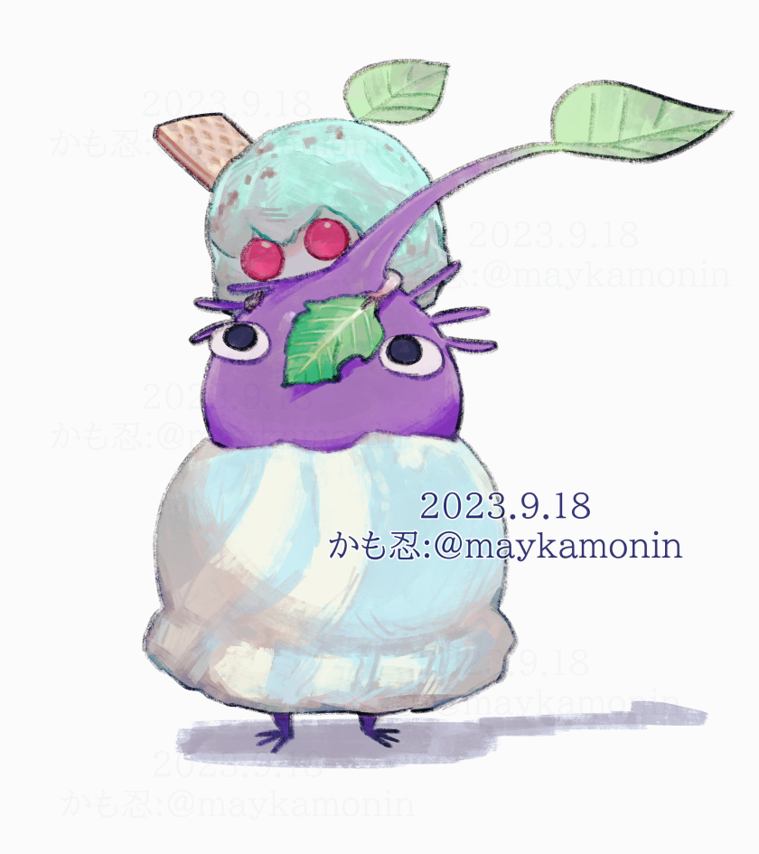 artist_name, black_eyes, clothed_male_nude_female, colored_skin, creature_focus, creature_on_head, dated, food