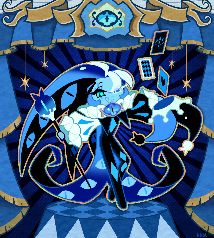 1boy, aqua_eyes, artist_name, blue_eyes, blue_hat, blue_skin, blue_theme, brooch