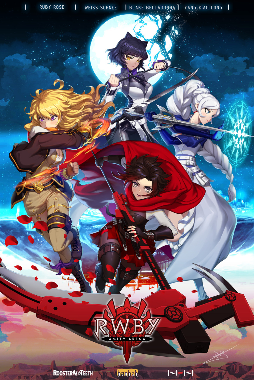 4girls, animal_ears, belt, black_footwear, black_hair, black_pants, blake_belladonna, blonde_hair