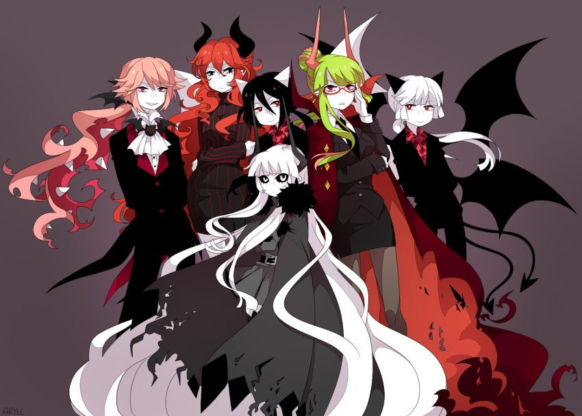 1boy, 5girls, arbus_(funamusea), aryll_(marbles), ater_(funamusea), black_hair, cranber_(funamusea), demon_boy