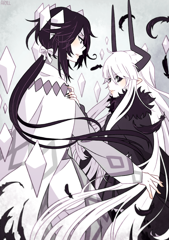 1boy, 1girl, aryll_(marbles), black_feathers, black_hair, cape, demon_girl, demon_horns