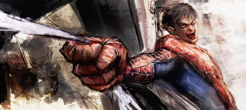 1boy, blue_bodysuit, bodysuit, highres, kyezzzz, male_focus, marvel, peter_parker
