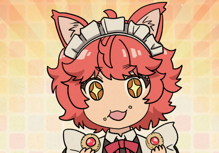 1girl, a-king, akuyaku_reijou_tensei_ojisan, animal_ear_fluff, animal_ears, apron, black_dress, brown_eyes, cat_ears, cat_girl, cookie, crumbs, dress, eating, eyebrows_hidden_by_hair, food, food_on_face, josette_(tensei_ojisan), looking_at_viewer, maid, maid_apron, maid_headdress, open_mouth, red_hair, short_hair, smile, solo, sparkling_eyes, upper_body, white_apron, white_headdress