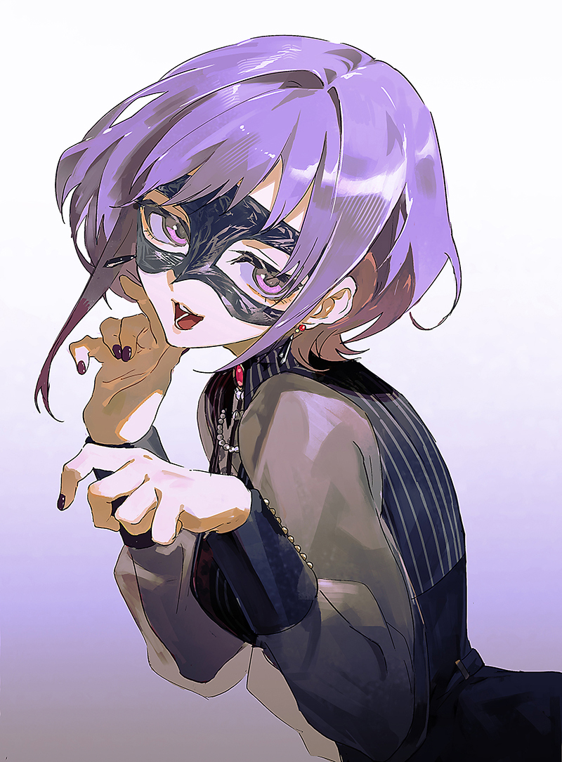 1girl, :3, :d, amoris_(bang_dream!), bang_dream!, bang_dream!_it's_mygo!!!!!, black_mask, black_nails, black_shirt, chinese_commentary, commentary_request, earrings, from_side, gradient_background, grey_background, hands_up, jewelry, long_sleeves, looking_at_viewer, mask, masquerade_mask, mo_(ine_mao), nail_polish, open_mouth, paw_pose, purple_hair, see-through_clothes, see-through_sleeves, shirt, short_hair, smile, solo, upper_body, violet_eyes, yuutenji_nyamu