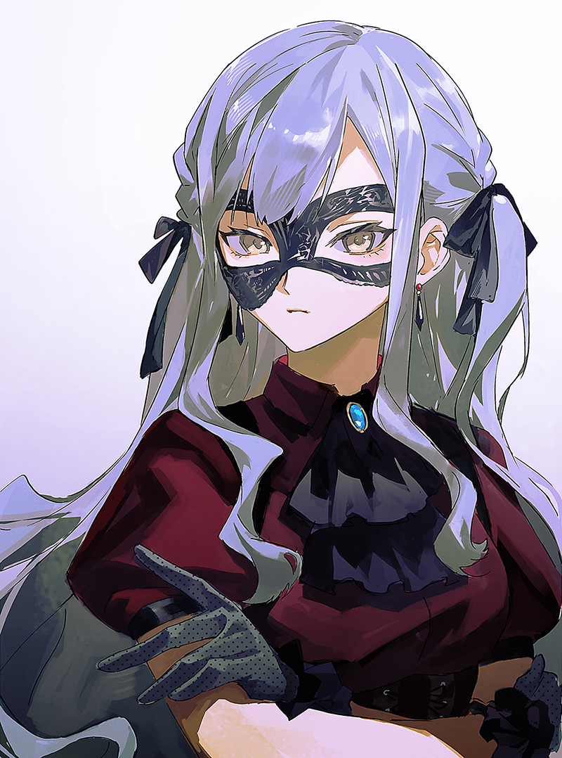 1girl, ascot, bang_dream!, bang_dream!_it's_mygo!!!!!, black_ascot, black_gloves, black_mask, black_ribbon