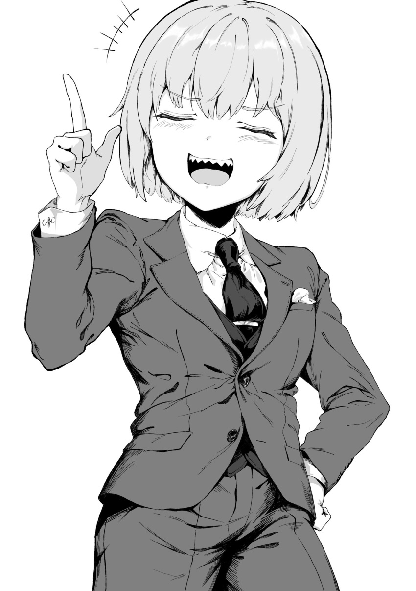 1girl, breast_pocket, closed_eyes, collared_jacket, collared_shirt, greyscale, hand_on_own_hip, highres